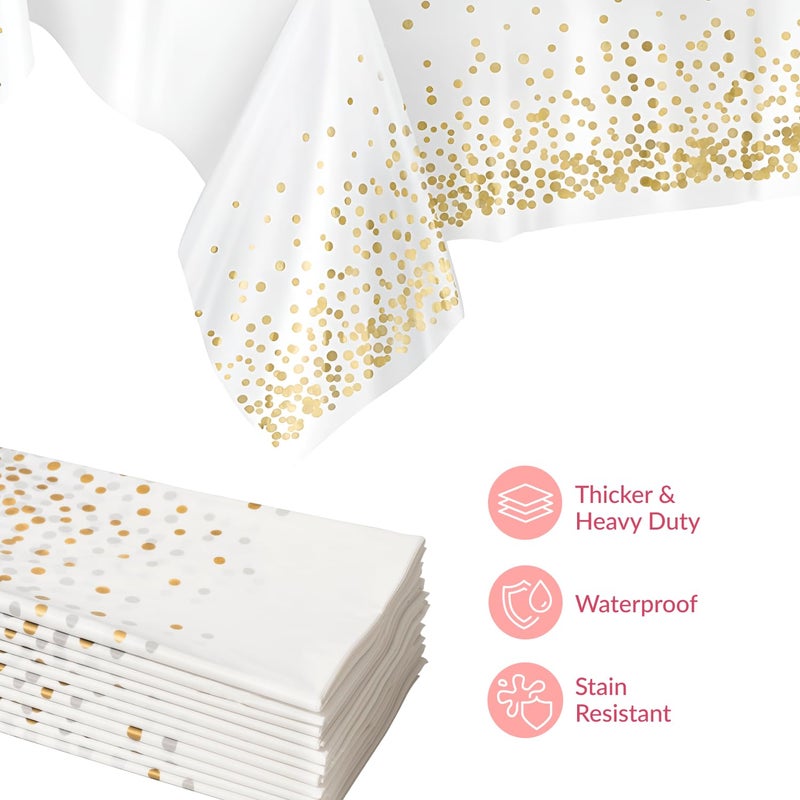 Prestee 12-Pack White and Gold Tablecloth - 54x108 Inch - Disposable Table Covers for Party, Weddings, and Holidays - Waterproof Christmas Tablecloth, Stain-Resistant Plastic Table Cover Set - Image 5